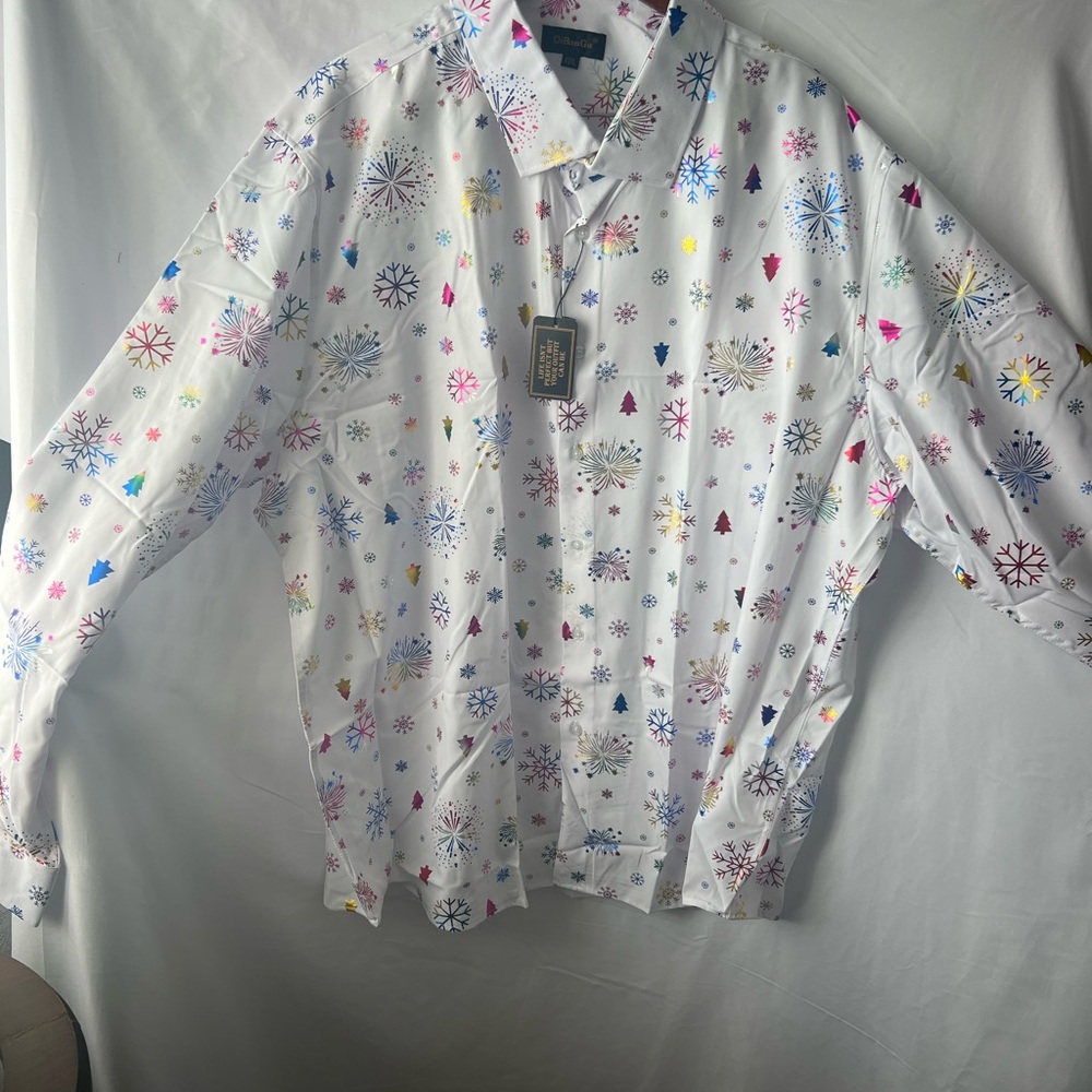 DiBanGu White Shirt with Colorful Wintery Snowflake Pattern Men’s 3XL